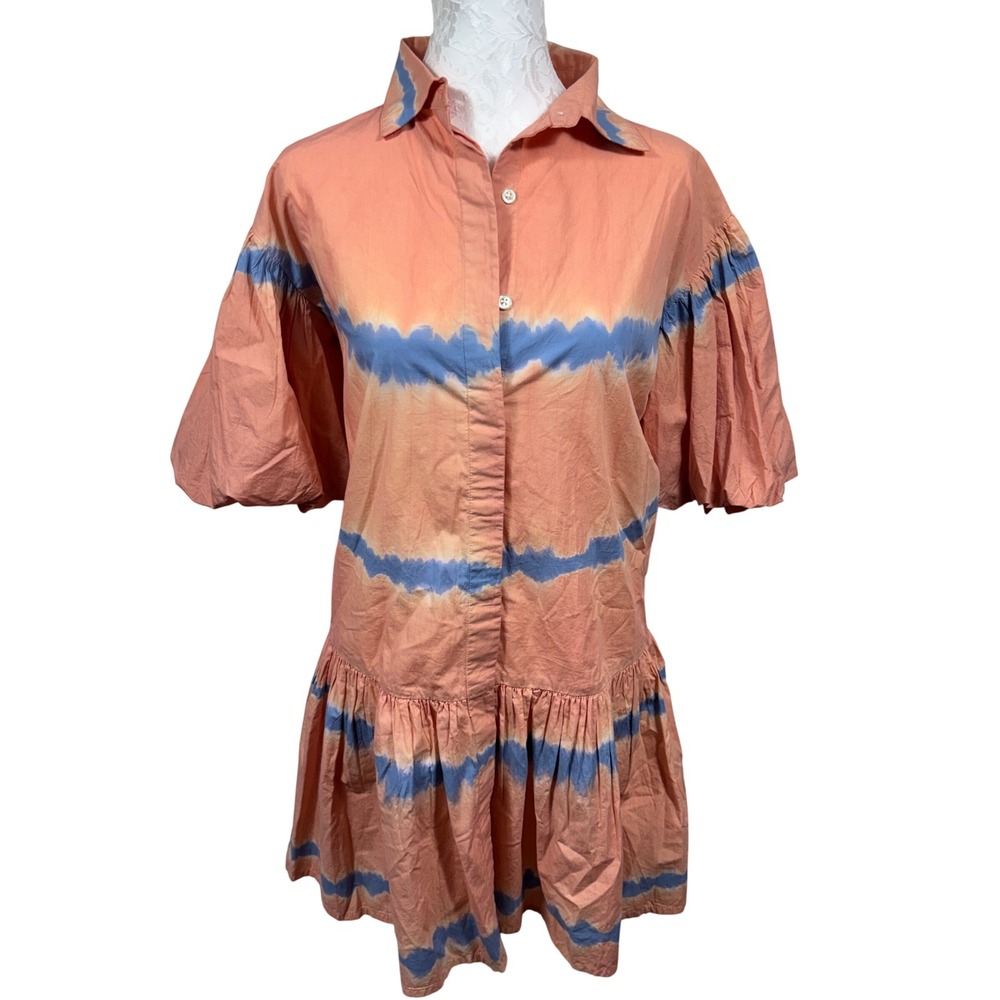 WKND WYFR Frock It Tie Dye Puff Sleeve Cotton Poplin Mini Shirt Dress Womens M